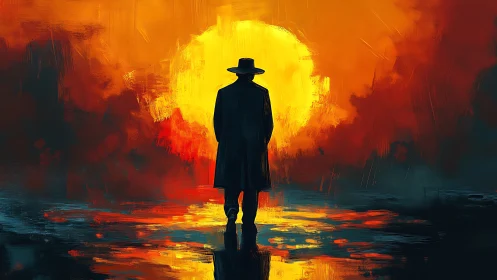 Silhouetted wanderer contemplates blazing sunset horizon.