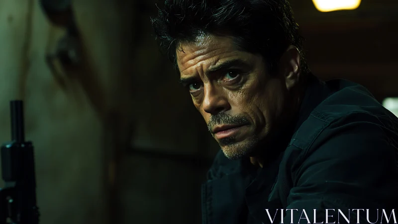 Cinematic low key close-up of tense man in moody interior