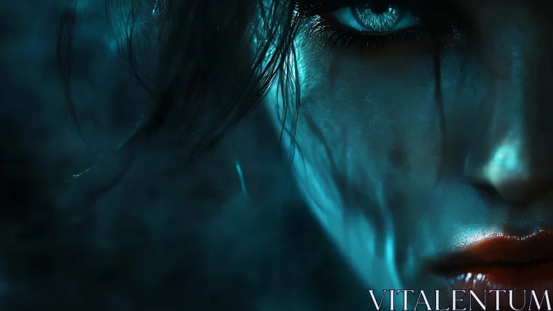 Haunting cyan-lit face with piercing eye and wet texture.
