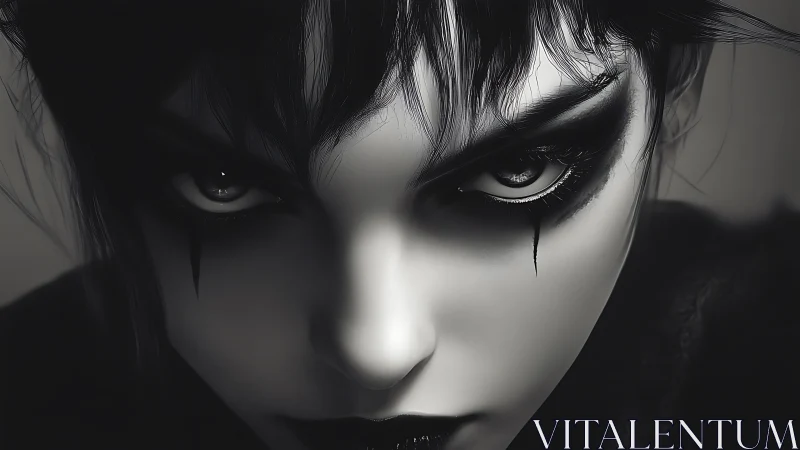 Monochrome close-up of stylized face with heavy eye makeup.