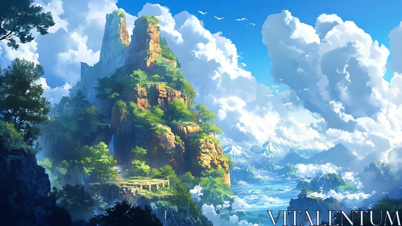 Skyward citadel of sunlit cliffs above cloud-bright valley.