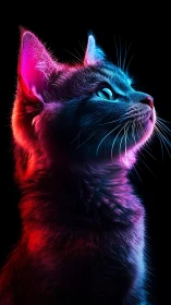 Neon lit cat portrait in vivid blue and red profile view.