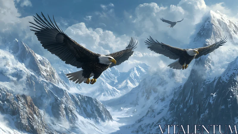 Majestic Bald Eagles Soaring Over Snowy Mountain Peaks, Realistic Art.