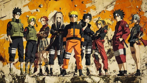 Group of stylized ninja characters against worn wall backdrop.