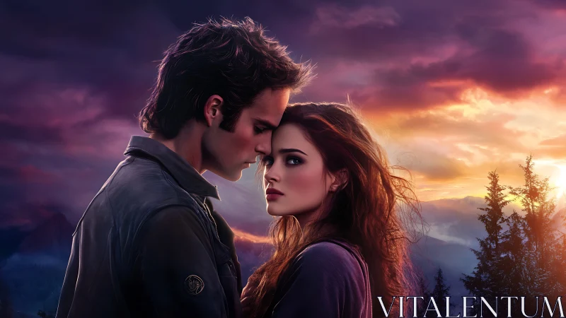 Cinematic Couple Portrait with Dramatic Sunset Atmosphere and Volumetric Lighting Effects