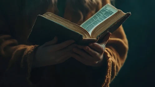 Hands gently cradle an aged book under moody, directional light