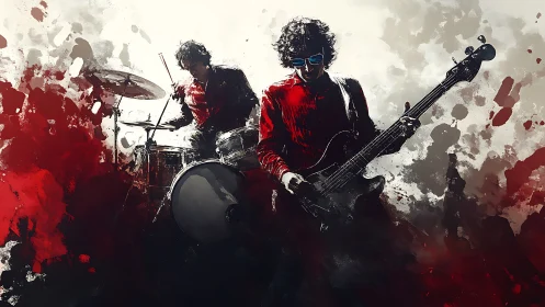 Chromatic splatter study of bassist and drummer in motion.