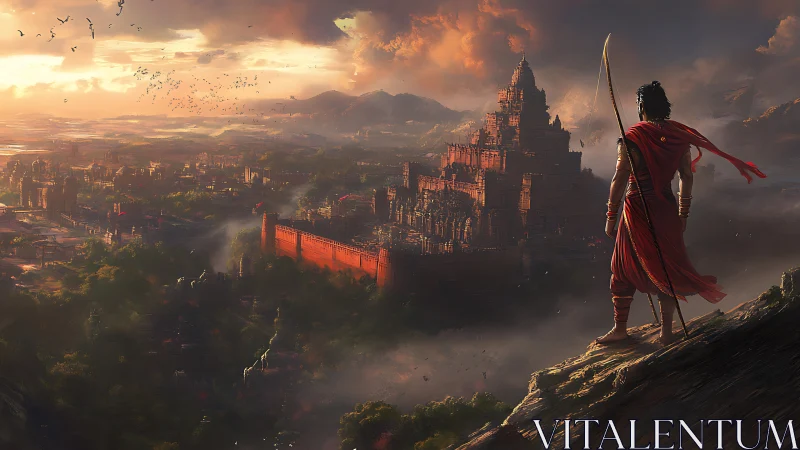 Warrior overlooks a sunlit ancient fortress city at dusk