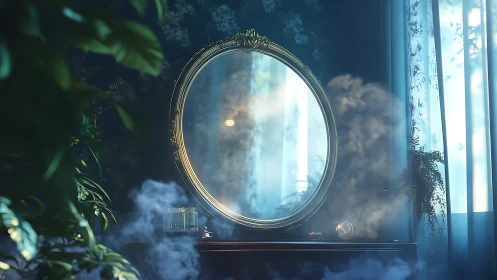 Gilded oval mirror in misty, botanical blue interior.