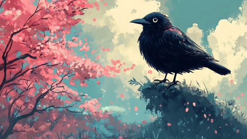 Solitary crow perches beside stylized cherry blossoms at dawn