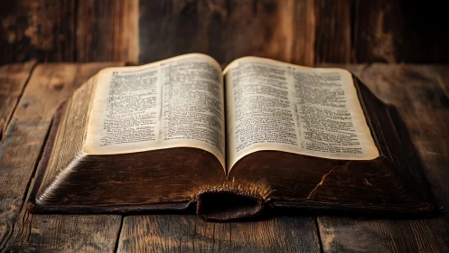 Timeworn holy book whispering stories on rough timber.