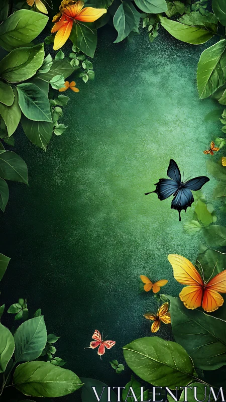 Butterflies drift through lush green foliage in glowing light.