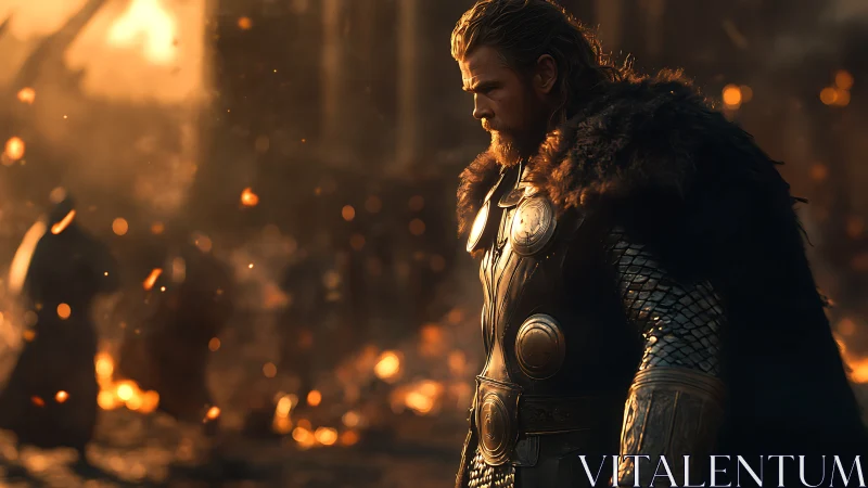 Embers crown a brooding warrior in molten twilight quiet