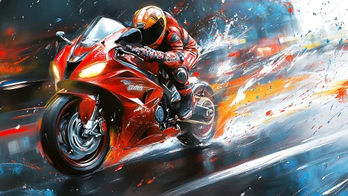 Digital speed painting of red superbike racing at night.