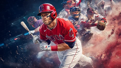 Intense baseball slugger charges forward in explosive stadium dust