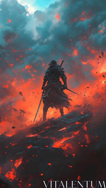 Lone armored warrior on burning ground facing storm clouds.