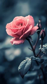 Pink Rose with Dew Drops Against Misty Blue Background.