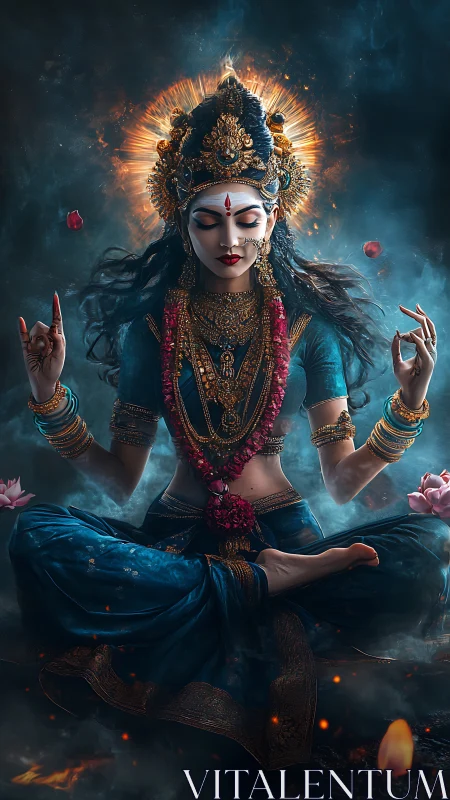 Divine blue-clad goddess in meditative floating pose.