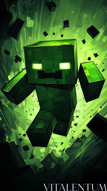 Dynamic voxel creeper explosion in vertical digital painting.