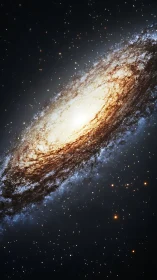 Spiral galaxy ignites in honeyed starlight and cosmic dust.