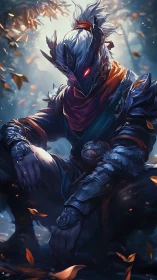 Woodland dusk warrior resting beneath drifting leaves.