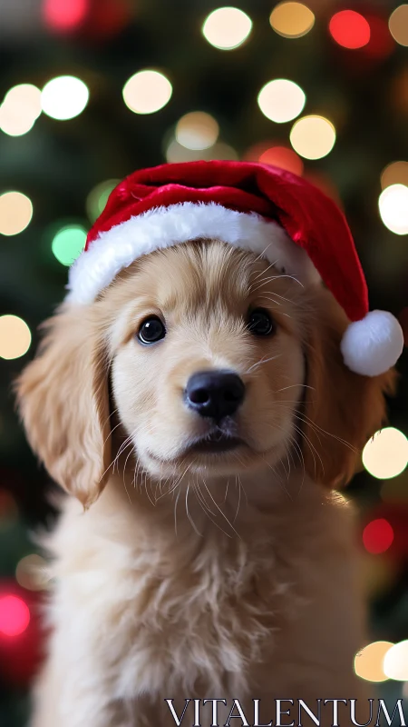 Golden retriever puppy wearing Santa hat, blurred lights.