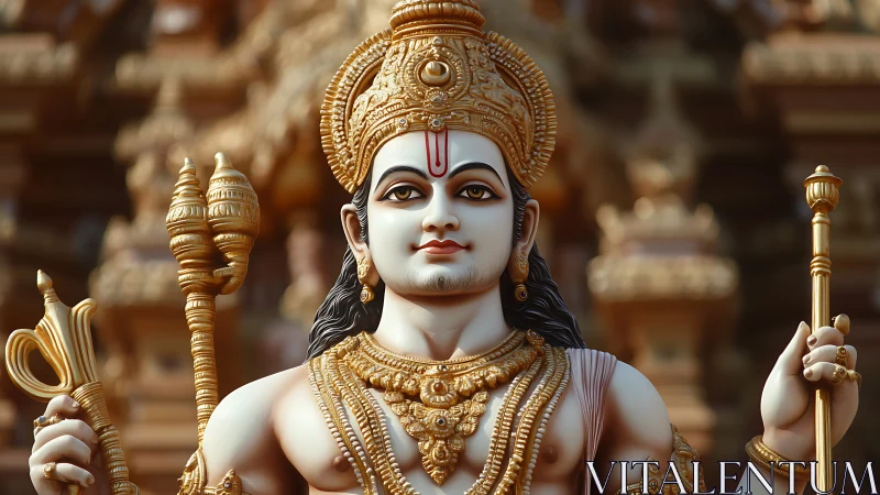 Ornate Hindu deity sculpture with golden temple backdrop.