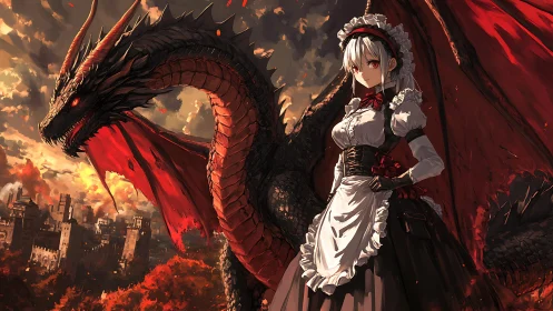 Dragon-backed gothic maid stands over burning medieval cityscape