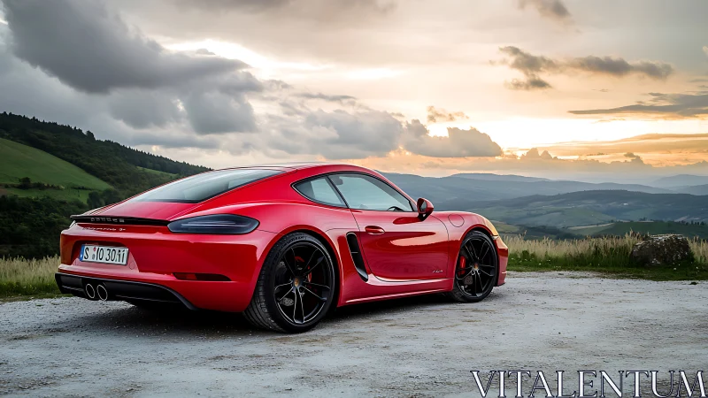 Red sports coupe stands poised against a dramatic sunset vista