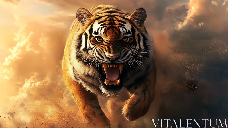 Storm-lit tiger charge through swirling golden clouds.