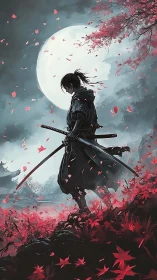 Moonlit ronin listens while crimson leaves rehearse war stories