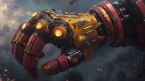 Molten-core mech gauntlet clenches against stormy twilight.