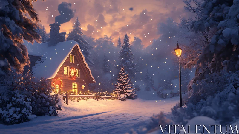 Snowy cabin with warm lights in quiet winter forest scene.