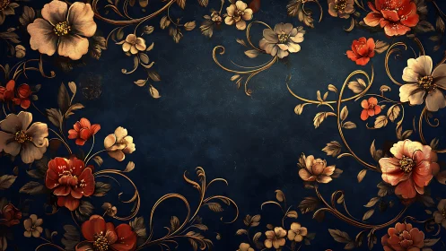 Ornamental Floral Composition: Gold Filigree Botanical Design on Deep Navy Ground.