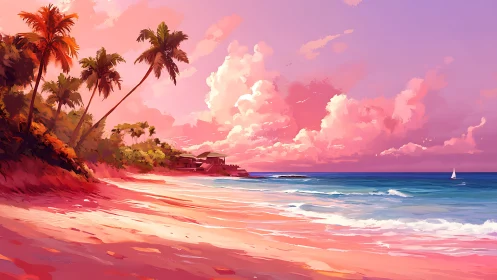 Tropical Sunset Beach with Palm Trees and Sailboat.