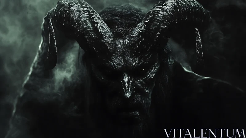 Horned demonic figure emerges from dense swirling shadow