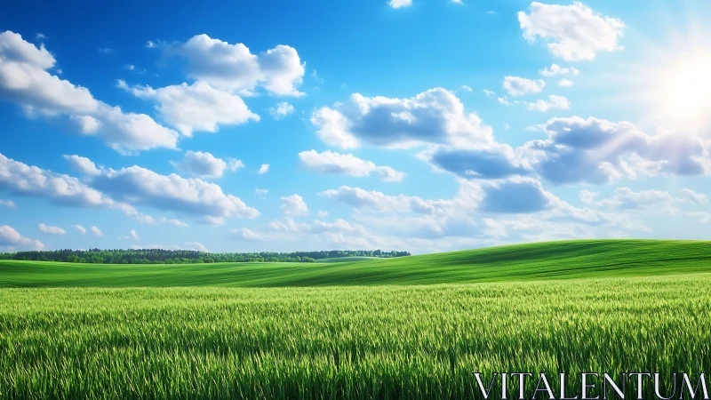 Sunlit green meadow under bright blue sky with clouds.