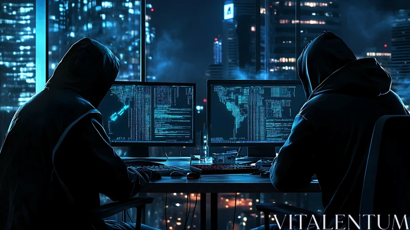 Hooded hackers write malicious code in neon lit city office