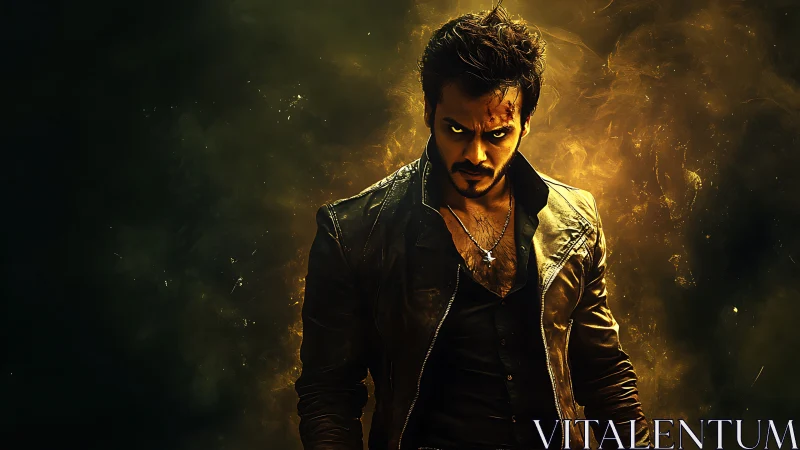 Brooding antihero in leather jacket amid fiery smoke.