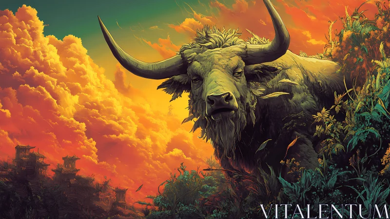 Large horned bovine in dense foliage under vivid sky.