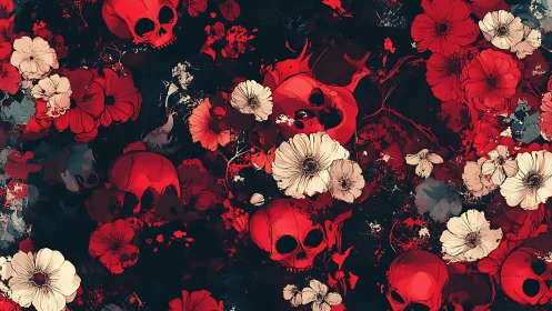 Chromatic skull-bloom tessellation with high-contrast floral overlay.