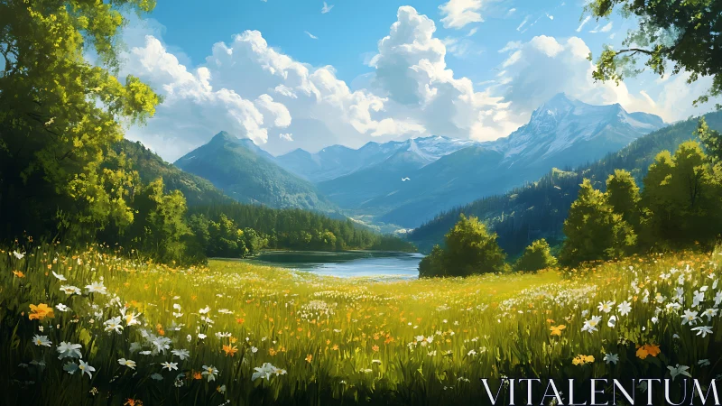 Sunlit alpine meadow opening toward distant snow peaks.