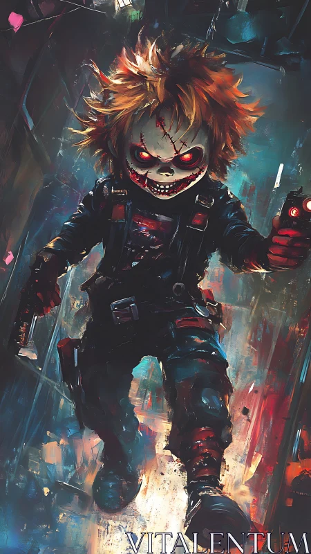 Rogue demon doll rampages through neon-slashed alley chaos.