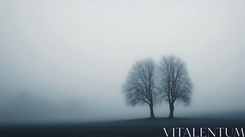 Pair of bare winter trees in dense open field fog.