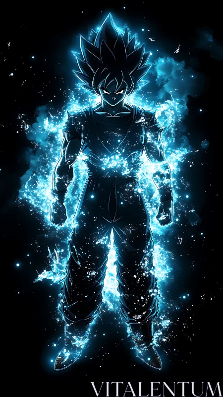 Electric blue warrior glowing with unstoppable cosmic energy.