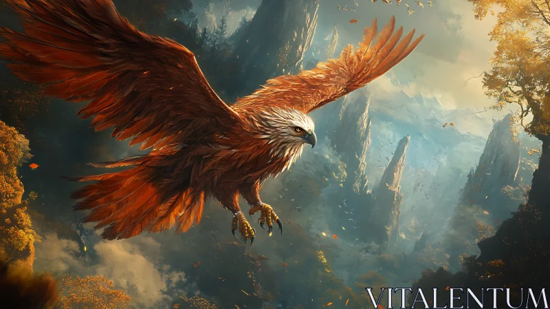 Majestic Eagle Soaring Over Fantasy Mountain Landscape, Digital Art.