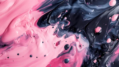 Pink and black acrylic paint waves in fluid motion.