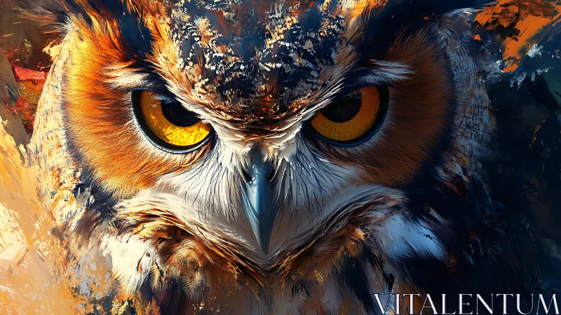 Intense Owl Portrait in Vibrant Abstract Digital Art Style.