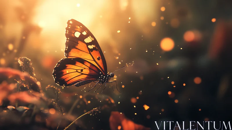 Golden dusk butterfly resting in a dreamy forest glow.