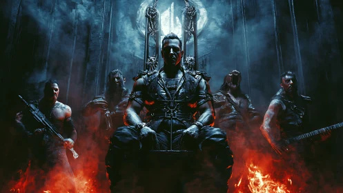 Commanding warlord on infernal throne amid armed legion.